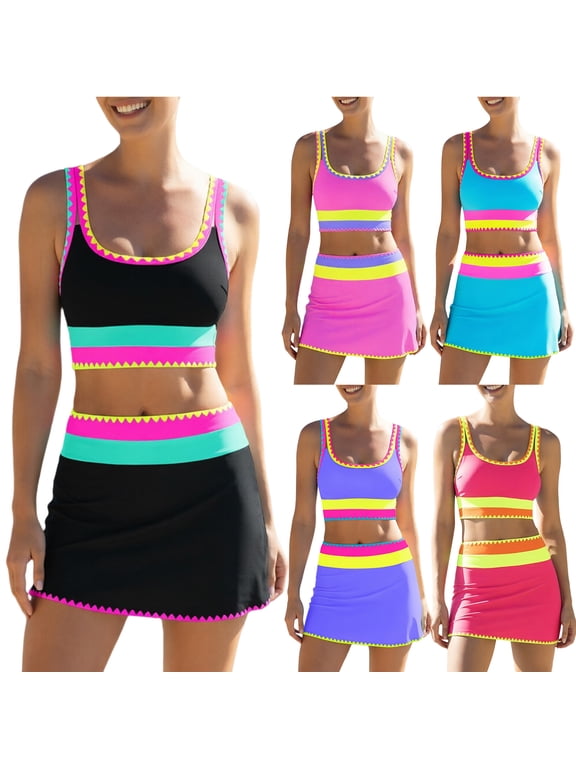High Waisted Bikini Sets for Women Modest Swimsuits Cute 3 Piece Bathing Suits Neon Swimwear with Skirt Black M