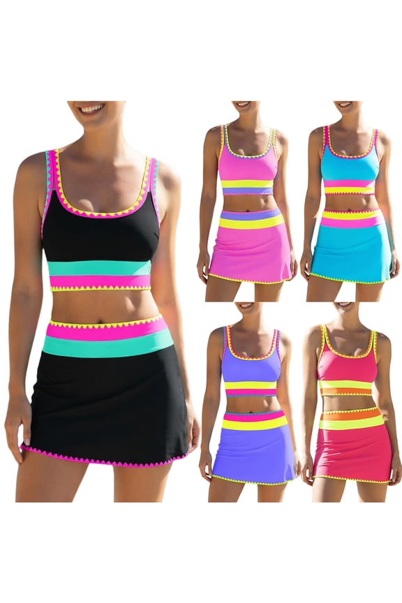 High Waisted Bikini Sets for Women Modest Swimsuits Cute 3 Piece Bathing Suits Neon Swimwear with Skirt Sky Blue 2XL