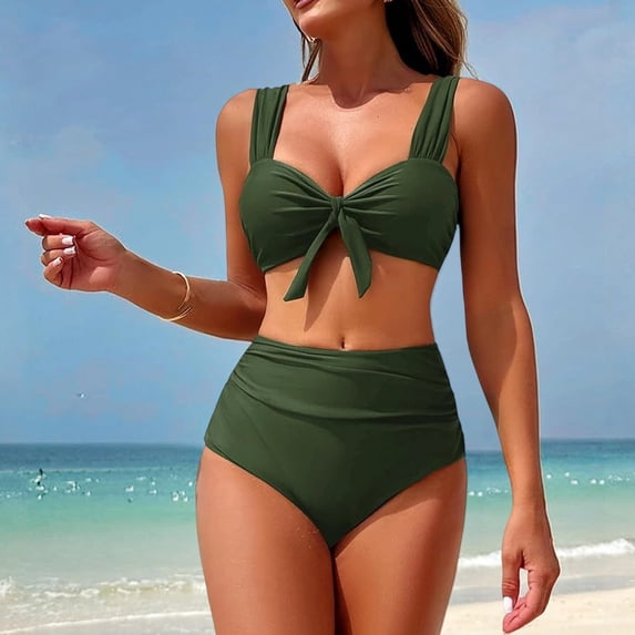 High Waisted Bikini Sets for Women Swim Suits 2026 Tummy Control Ruched Bikini Two Piece Bathing Suit Swimwear Army Green L