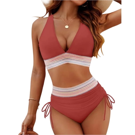 High Waisted Bikini Sets for Women Tummy Control Swimsuit Color Block Full Coverage Push up Sexy 2 Piece Bathing Suit Watermelon Red XL