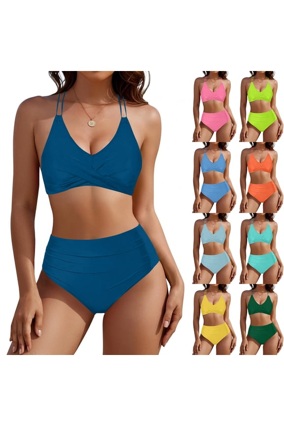 High Waisted Bikini Sets for Women Tummy Control Swimsuits Tie Knot High Rise 2026 Two Piece Bathing Suits Blue S