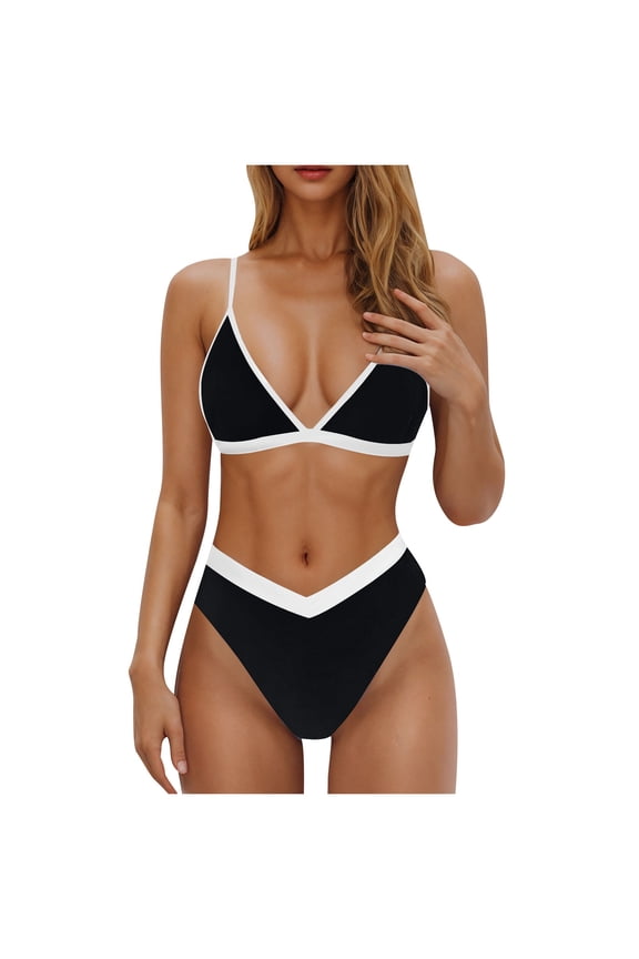 High Waisted Bikini Sets for Women on Sale Women White Trim Bikini Set V Neck Tank Swimsuits Cropped Bikini Swimsuit Dressy Summer Swimsuit