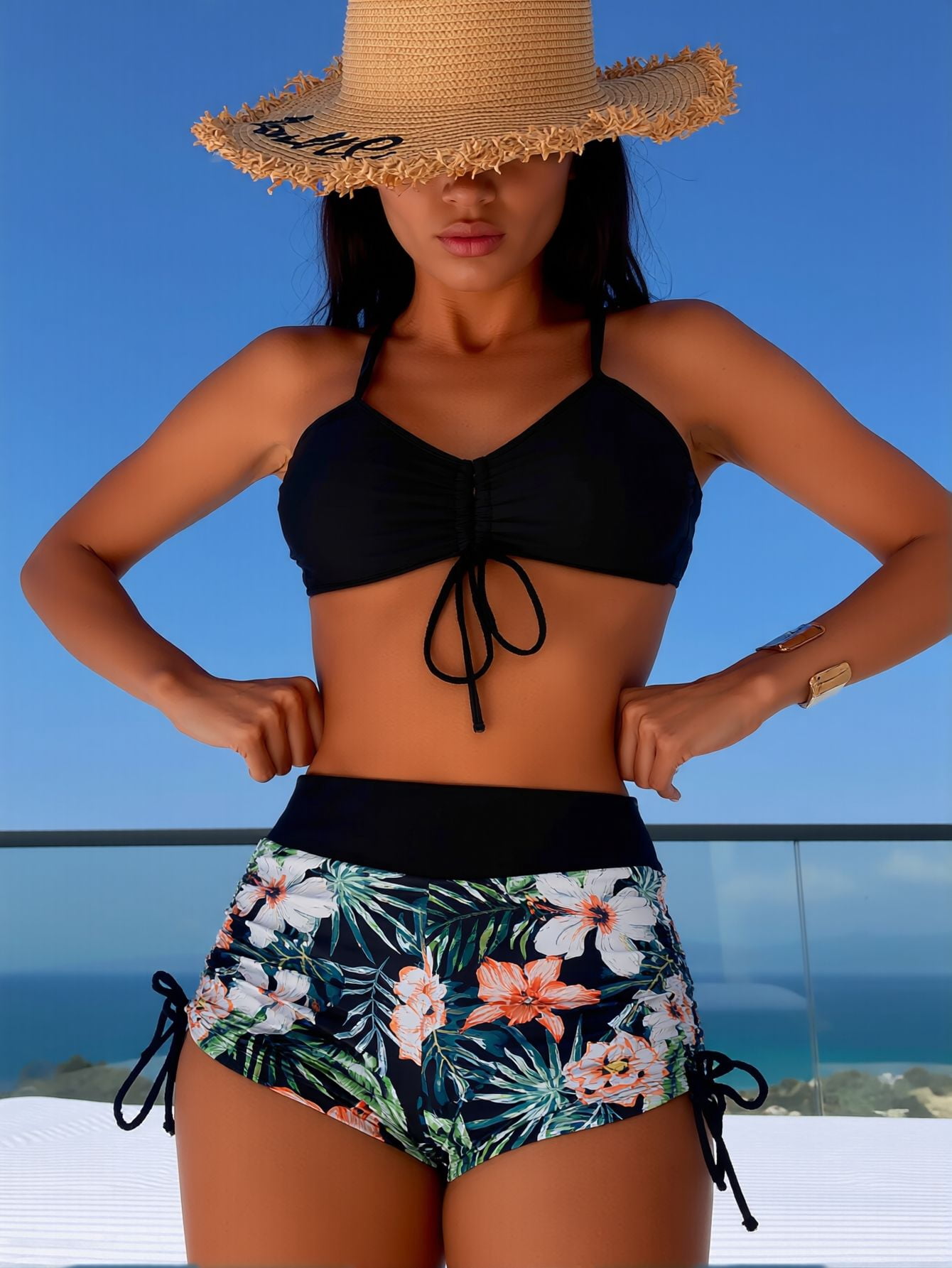 High-Waisted Bikini Women's Drawstring Side Tie Tummy Control Swimsuit for Beach Vacation, Casual Style