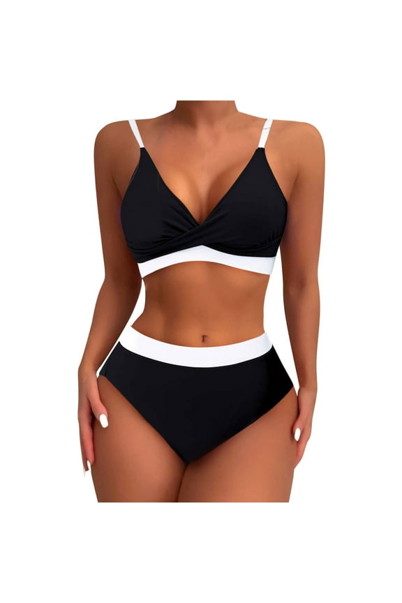 High Waisted Bikinis for Women Push Up V-Neck Seamless Bra Color Blocked Full Coverage Bottom