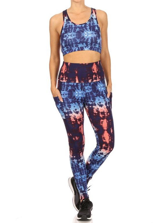 High Waisted Blue Tie Dye Sports Leggings and Crop - 2 Piece Set Blue S