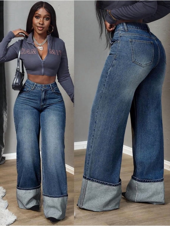 High Waisted Blue Wide Leg Jeans for Tall Women - Cuffed Hem Denim Pants