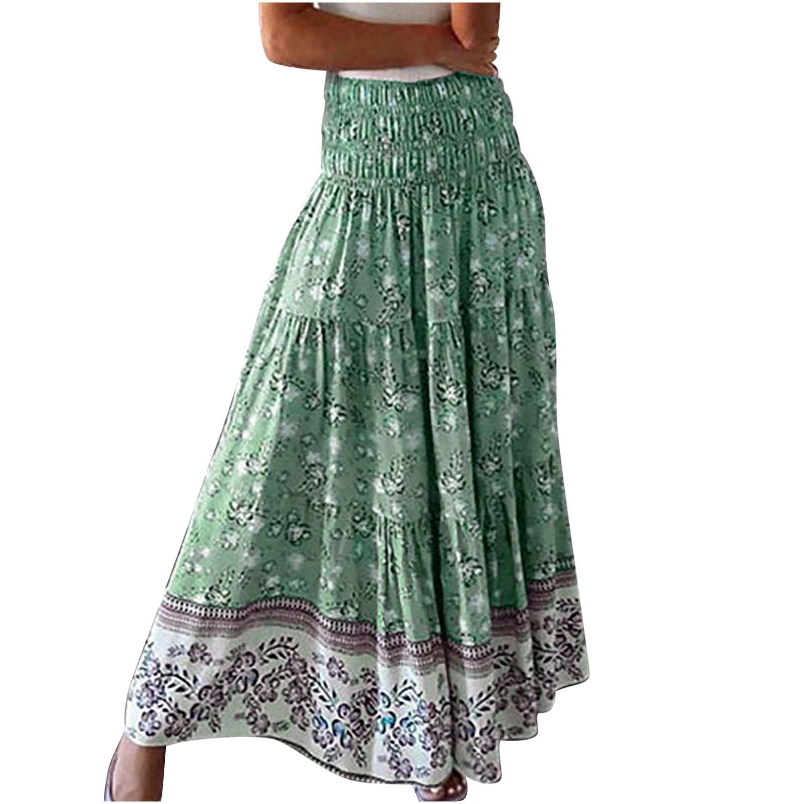 Boho Green High Waist Print A Line Skirt Summer