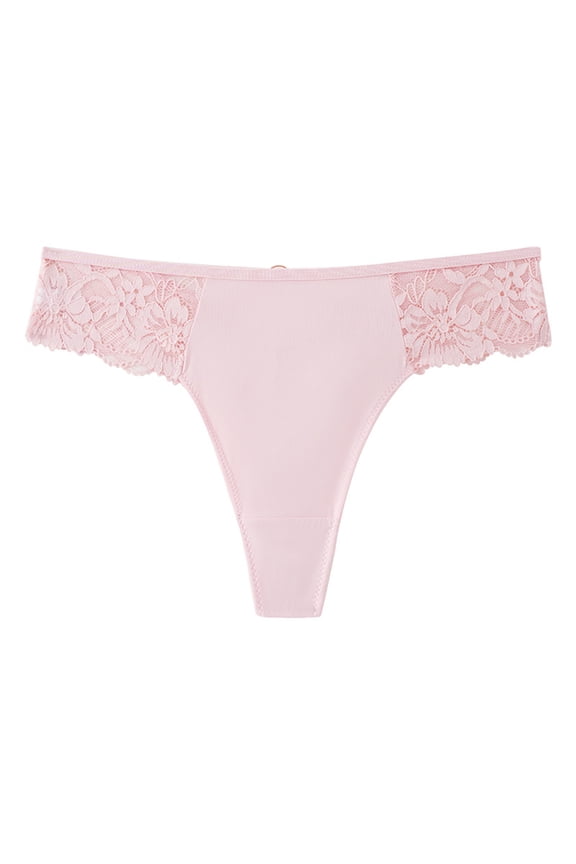 High Waisted Breathable Lace Seamless Thong Panties Women's No Show Workout Underwear,Comfortable Cotton Pink S