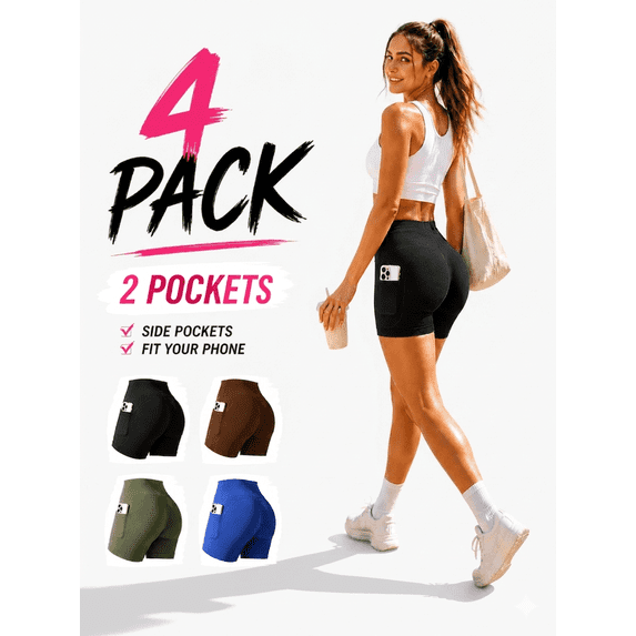 Women's 4 Pack Workout Biker Shorts with 2 Pockets, High Waisted Tummy Control Yoga Gym Running Shorts,Black,Brown,Green,Blue