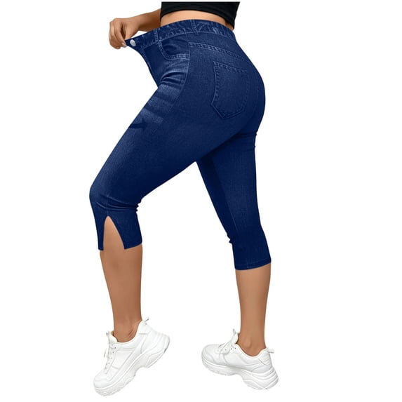 High Waisted Capri Leggings Faux Denim Capris for Women with Slits Stretch Yoga Casual Jean Jeggings S-2XL (M, Navy)