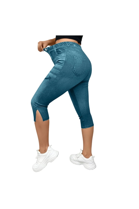 High Waisted Capri Leggings Faux Denim Capris for Women with Slits Stretch Yoga Casual Jean Jeggings S-2XL (XL, Mint Green)
