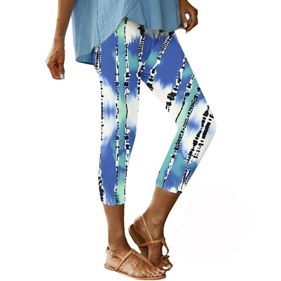 High Waisted Capri Leggings for Women Athletic Print Slimming Pull-On Underwear Capris Pants Comfort Running Yoga Trousers, Blue, S