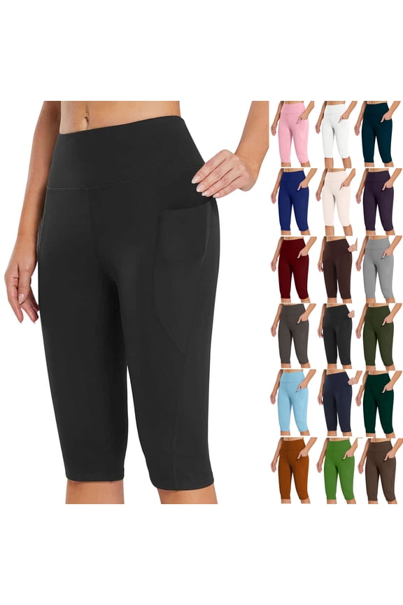 High Waisted Capri Leggings for Women Knee Length Leggings High Waisted Yoga Workout Exercise Capris For Casual Summer With Pockets