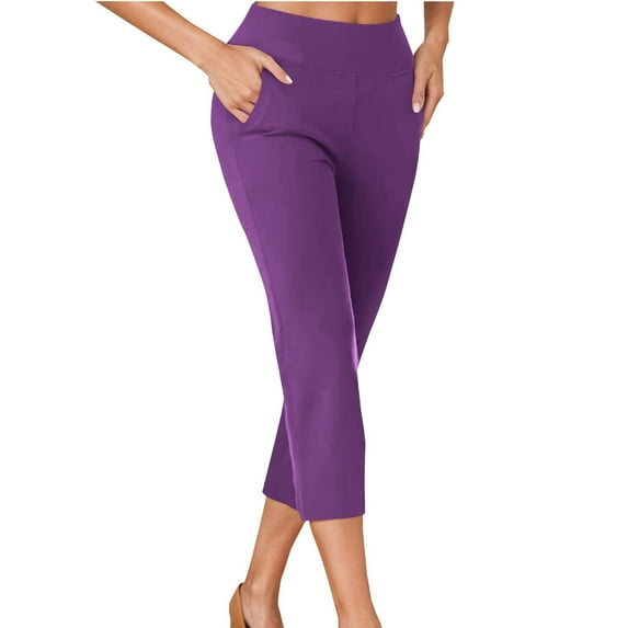 High Waisted Capris Women New Pull on Capris Pants for Women with Pockets Casual Elastic Waist Cropped Work Pants New Purple M