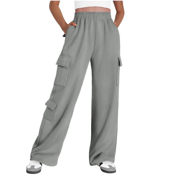 High Waisted Cargo Pants Women Ruffle Elastic Waist Wide Leg Pants with 7 Pockets Winter Warm Fleece Sweatshirt