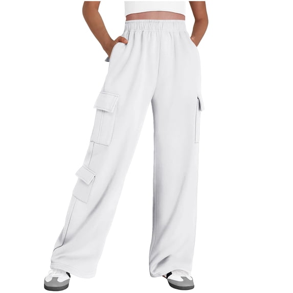 High Waisted Cargo Pants Women Ruffle Elastic Waist Wide Leg Pants with 7 Pockets Winter Warm Fleece Sweatshirt