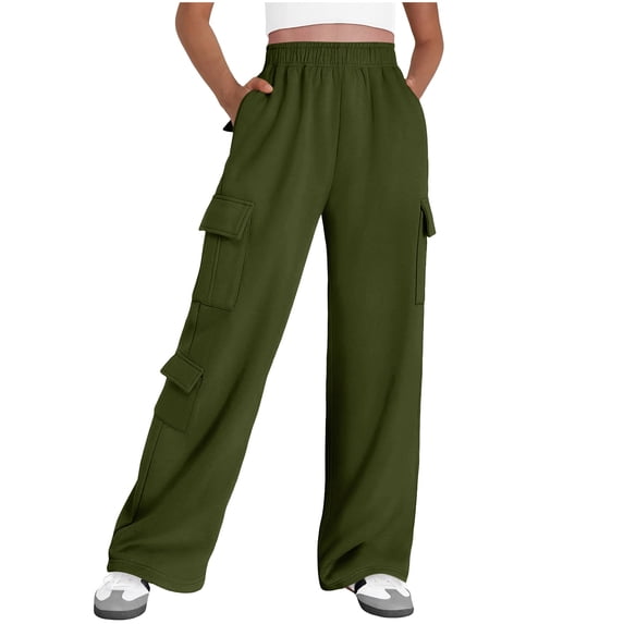 High Waisted Cargo Pants Women Ruffle Elastic Waist Wide Leg Pants with 7 Pockets Winter Warm Fleece Sweatshirt