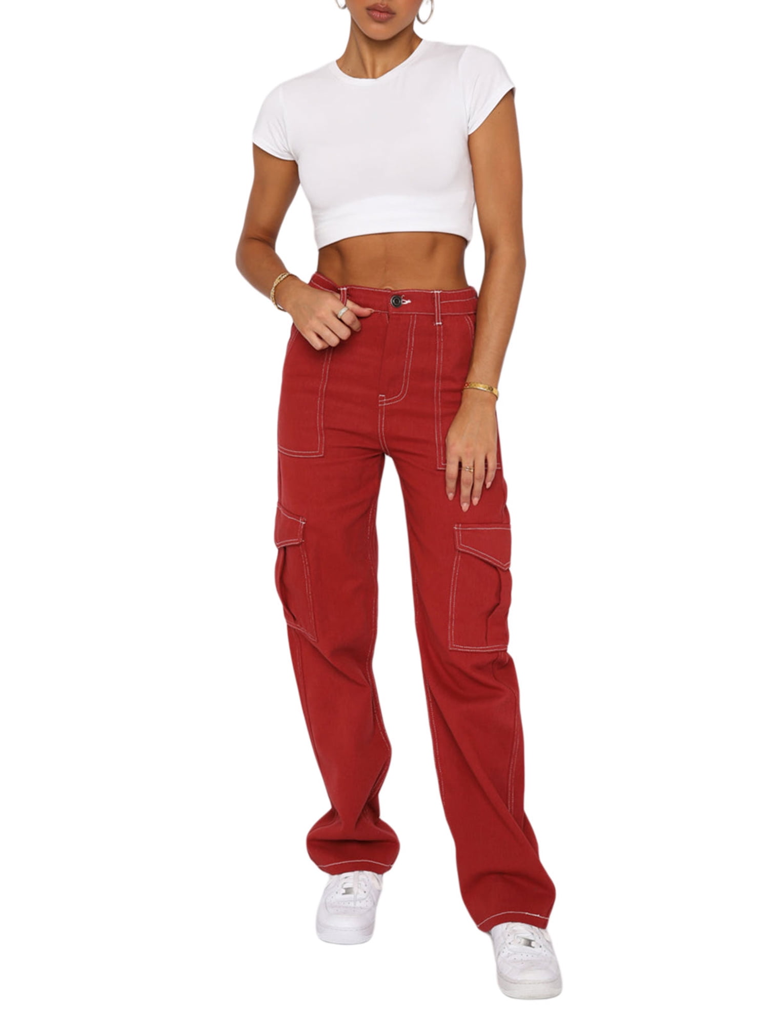 Streetwear Cargo Pants Women Hip Hop Red Pants Ribbon Straight