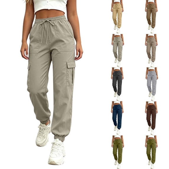 High Waisted Cargo Pants Women Zaewscy Women's Fashion Solid Color Elastic Waist Pocket Ruched Straight Leg Long Pants Gray M