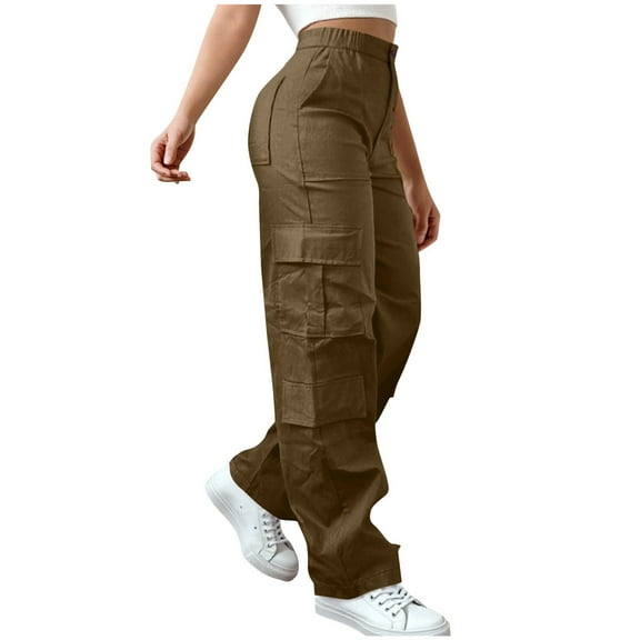 High Waisted Cargo Pants for Women Stretch Cotton Twill Sweatpants Multi-Pockets Wide Leg Parachute Trousers (L, Brown A)