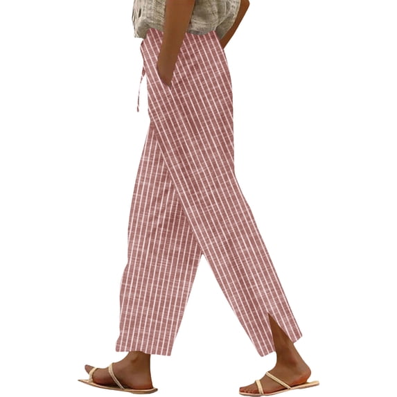 High Waisted Casual Pants for Women Plaid Print Drawstring Elastic Waist Straight Leg Pants Side Split