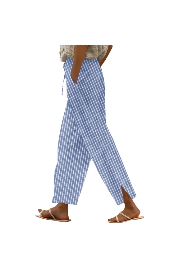 High Waisted Casual Pants for Women Plaid Print Drawstring Elastic Waist Straight Leg Pants Side Split