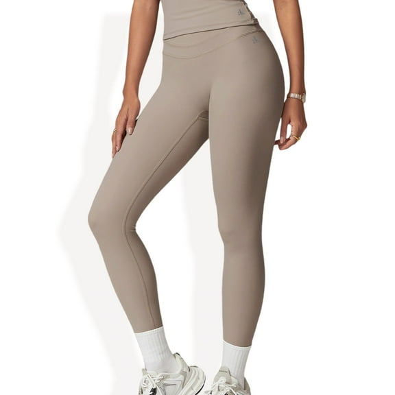 High-Waisted Compression Leggings with Crossover Waistband - Large, Tan