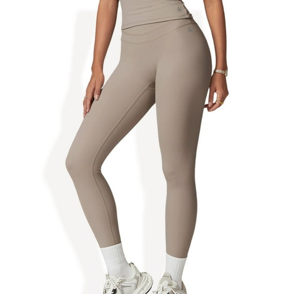 High-Waisted Compression Leggings with Crossover Waistband - Large, Tan