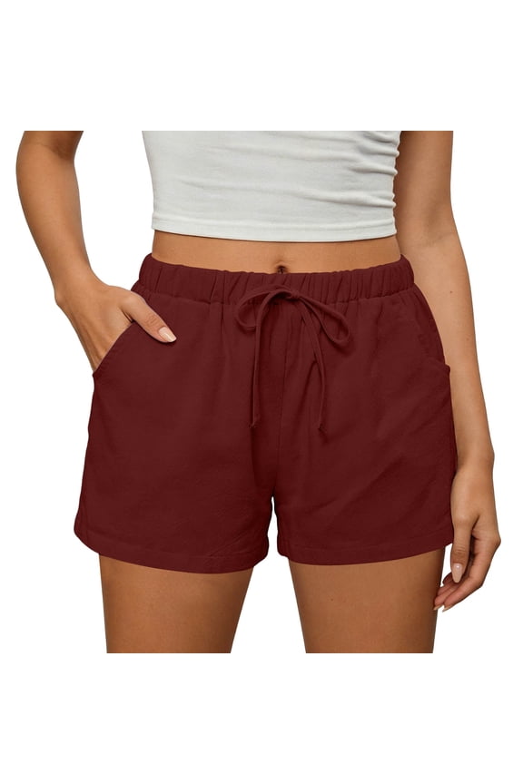 High Waisted Cotton Shorts For Women Drawstring Elastic Waist Gym Shorts with Pockets Loose Casual Athletic Workout Clothes Wine