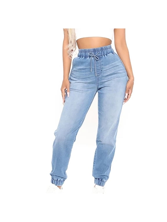 High Waisted Denim Joggers Jeans for Women Drawstring Elastic Waist Stretch Pull-on Workout Denim Pants Trousers