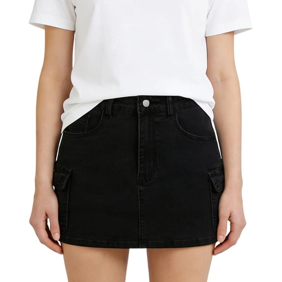 High Waisted Denim Skirt for Girls Black Cargo Pocket Mini Skirt Button Front Casual Denim Skirt,Size 12-13 T