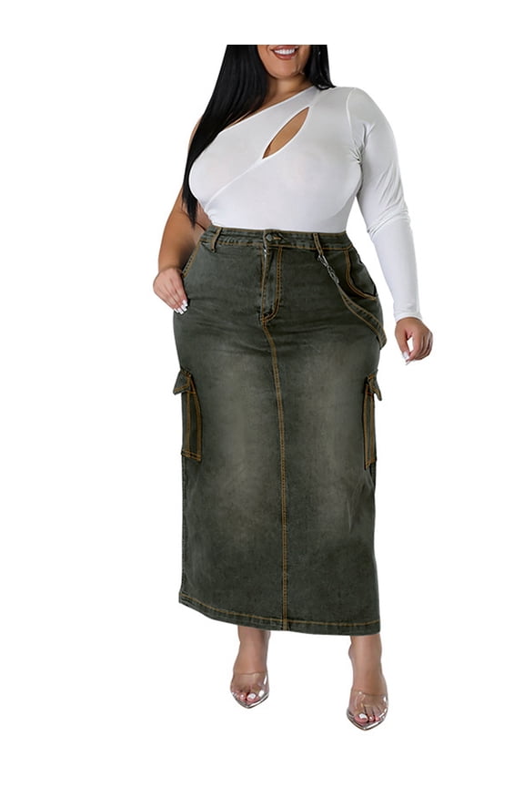 High-Waisted Denim Skirt with Removable Belt and Patch Pockets for Women Black & Gray XXXL