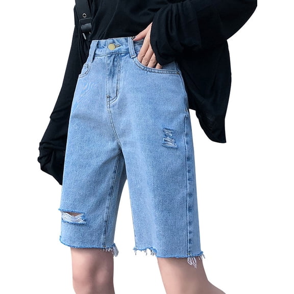 High Waisted Distressed Ripped Denim Jeans Shorts, Blue, Medium