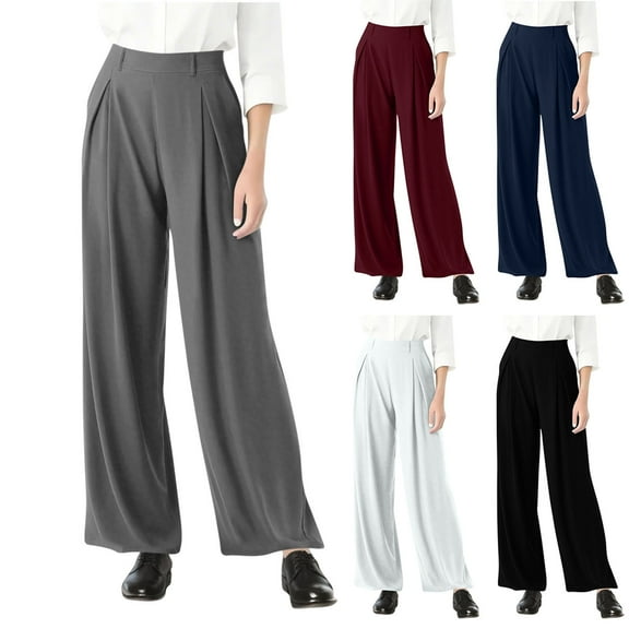 High Waisted Dress Pants Women Wide Leg Flat Front Elastic Back Chinos Pants Business Casual Loose Long Pants with Pockets, Women's Plus Size