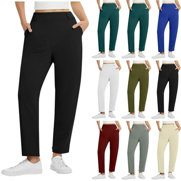 High Waisted Dress Pants Women Winter Travel Casual Flat Front Elastic Back Slim Straight Long Pants with Pockets