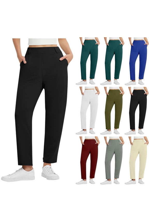 High Waisted Dress Pants Women Winter Travel Casual Flat Front Elastic Back Slim Straight Long Pants with Pockets