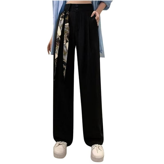 High Waisted Dress Pants for Women Buttons Drape Straight Wide Leg Pants Casual Loose Trousers with Pocket