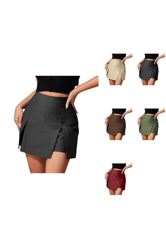 High Waisted Elastic Mini Skort, Double Slit A-Line Short Skirt Pants, Side Zipper