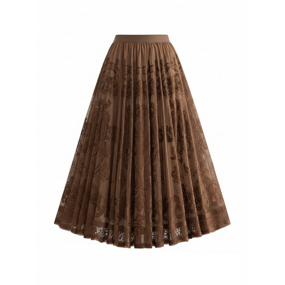 High Waisted Coffee Brown Floral Lace Maxi Skirt Elegant A Line Flared Skirt with Scalloped Hem for Wedding Guest Beach Resort and Brunch