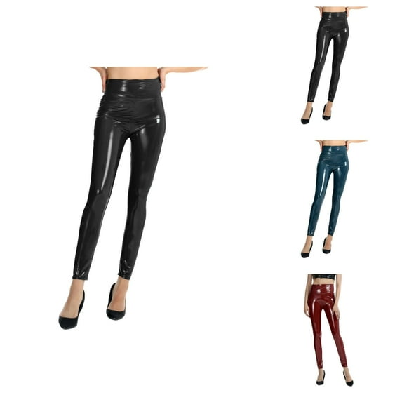 High Waisted Leather Leggings for Women 2025 Shiny Metallic Latex Punk Tights Trousers