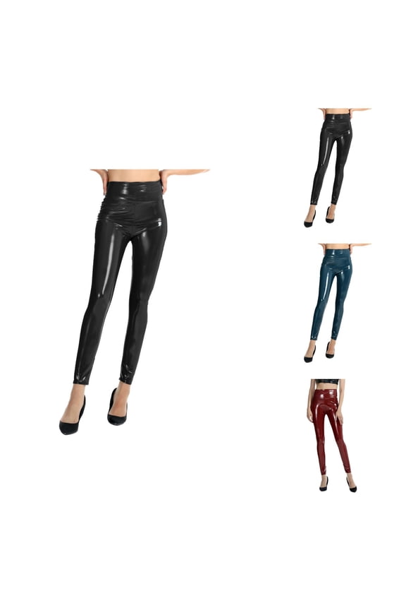 High Waisted Leather Leggings for Women 2025 Shiny Metallic Latex Punk Tights Trousers