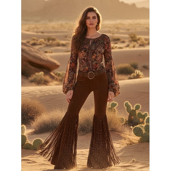 High Waisted Faux Suede Feel Knit Fringe Flare Pants High Density Tassel Bell Bottoms Western Cowgirl Style Stretchy Trousers for Nashville Country Music Festival Stagecoach and Rodeo