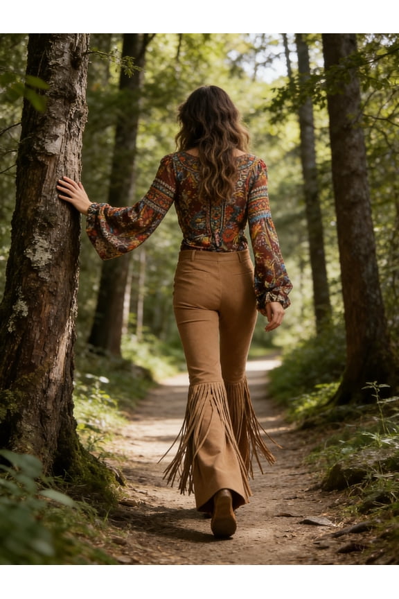 High Waisted Faux Suede Feel Knit Fringe Flare Pants High Density Tassel Bell Bottoms Western Cowgirl Style Stretchy Trousers for Nashville Country Music Festival Stagecoach and Rodeo
