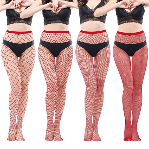 High Waisted Fishnet Tights Stockings Women, High Waist Fishnets Sheer Pantyhose,red