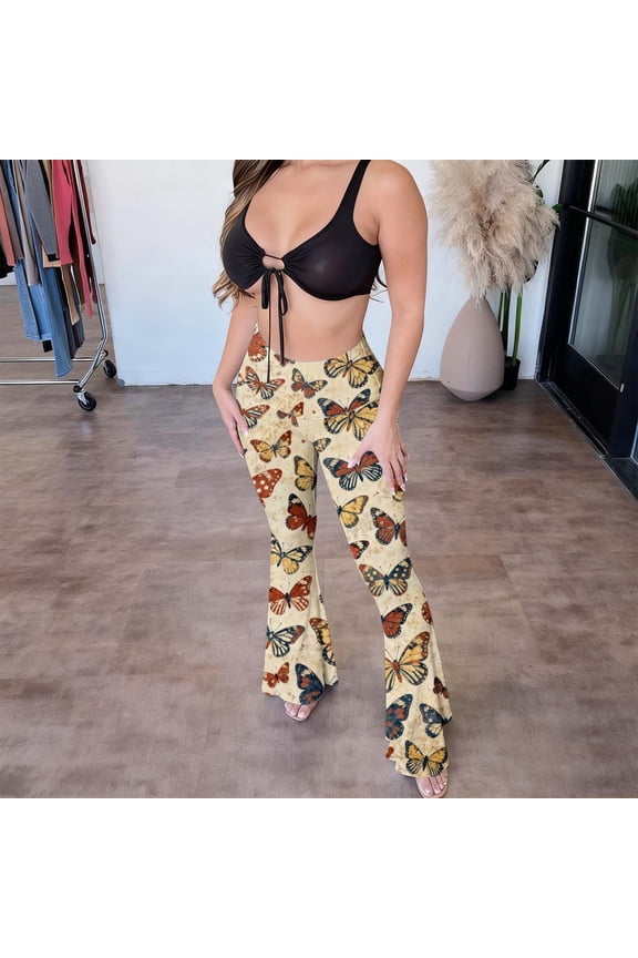High Waisted Flare Leggings for Women Women's Vintage Printed High Waisted Modern Tight Fitting Bag Hip Casual Plastic Flared Pants Long Pants,Beige,S