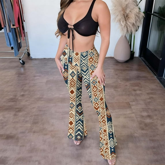 High Waisted Flare Leggings for Women Women's Vintage Printed High Waisted Modern Tight Fitting Bag Hip Casual Plastic Flared Pants Long Pants,Khaki,XL