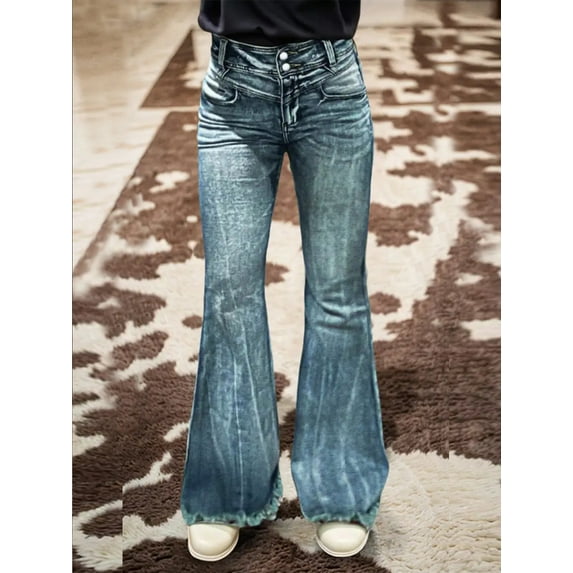 High-Waisted Flared Jeans, Apple Green Washed Jeans, Vintage Style. (US, Alpha, Small, Regular, Regular, Apple Green)