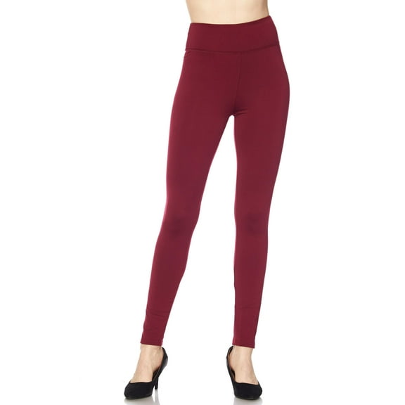 High Waisted Fleece Lined Leggings - 3 Inch Waistband Burgundy One Size Regular