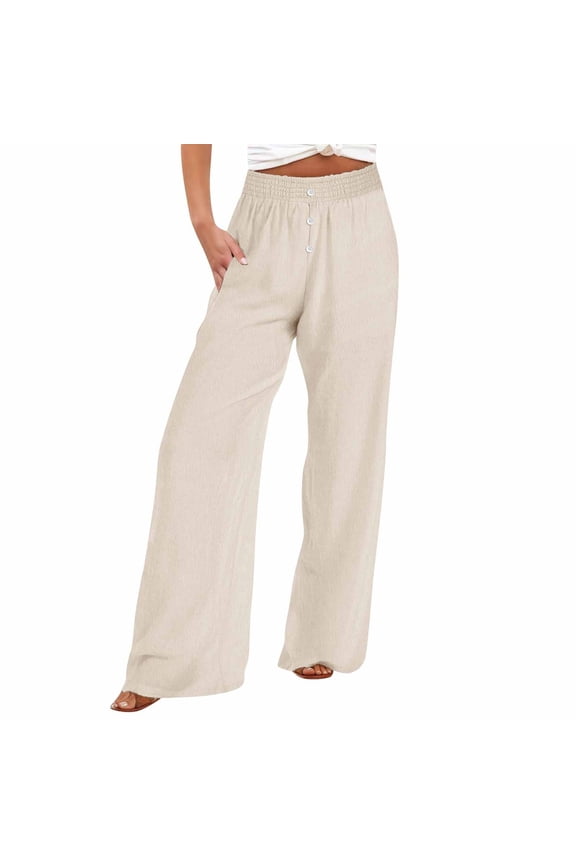 High Waisted Flowy Pants for Women Plus Size Fashionable Solid Color Loose Button Decorate Casual Wide Leg Trousers Beach Lounge Casual