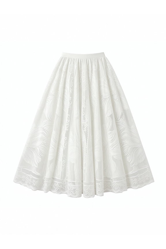 High Waisted Heavyweight Floral Lace Maxi Skirt Elegant A Line Flared Skirt with Scalloped Hem for Bridal Shower Wedding Guest and Resort